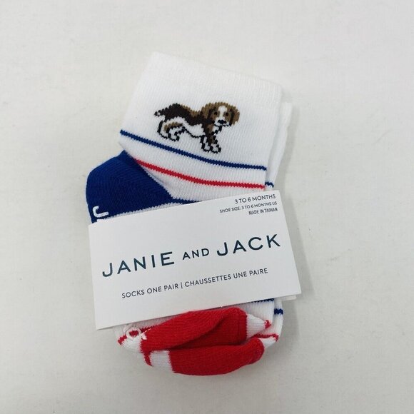 Janie and Jack Baby Boys 3-6 Months Striped Dog Print Ankle Socks in White - Picture 1 of 5